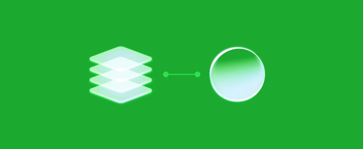Illustration of stacked translucent layers linked to a glowing sphere, representing a decoupled headless commerce architecture.