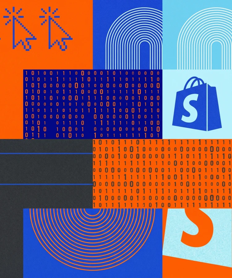 A grid of grainy tiles in orange, blue and navy: pixel-art mouse cursors, nested arcs, dense fields of binary digits, a Shopify shopping bag, and a search bar with a magnifying glass and a sparkle.