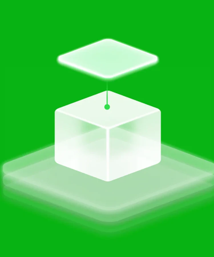 Illustration of a translucent cube on a platform with a separate layer floating above it, representing a headless commerce platform.