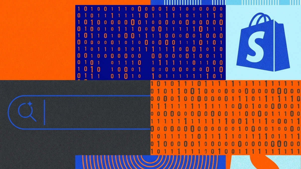 A grid of grainy tiles in orange, navy and pale blue: dense fields of binary digits, a Shopify shopping bag, and a dark panel holding a search bar with a magnifying glass and a sparkle.
